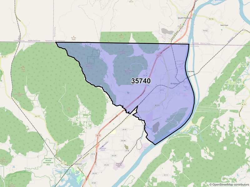 Map of ZIP Code 35740 — Bridgeport, AL