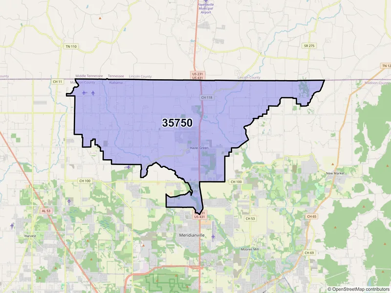 Map of ZIP Code 35750 — Hazel Green, AL