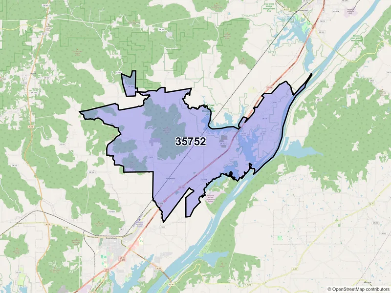 Map of ZIP Code 35752 — Hollywood, AL