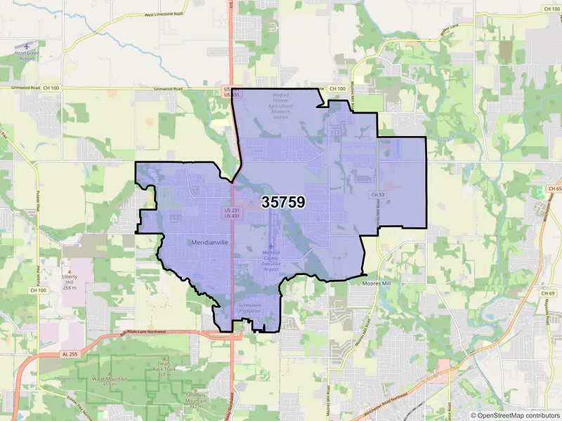 Map of Meridianville, Alabama and ZIP codes