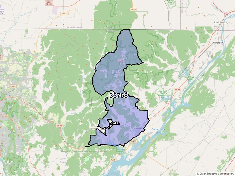 Map of ZIP Code 35768 — Scottsboro, AL