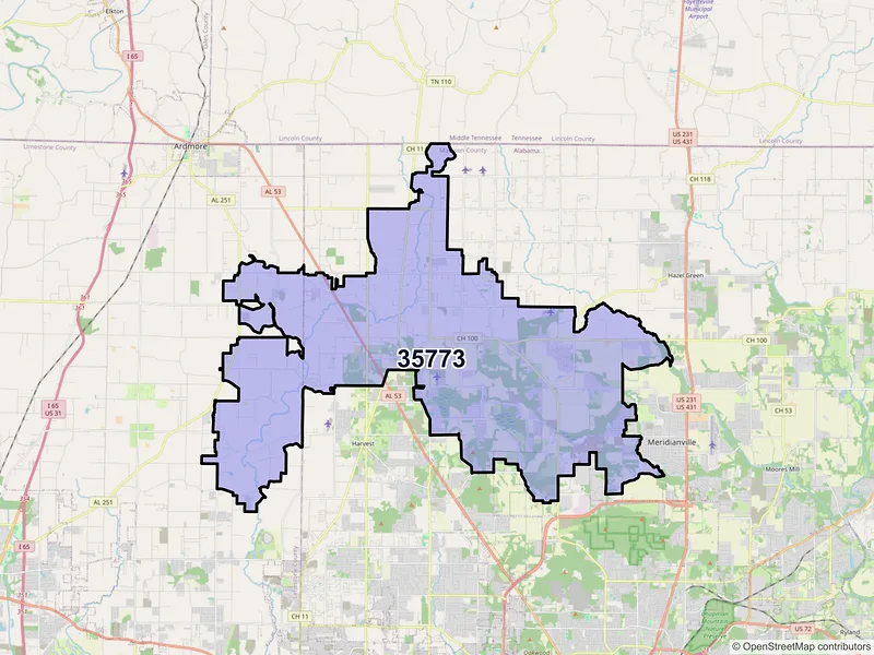 Map of ZIP Code 35773 — Toney, AL