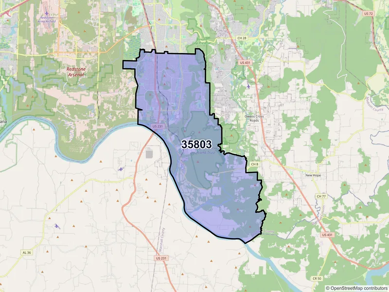 Map of ZIP Code 35803 — Huntsville, AL