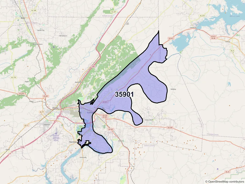 Map of ZIP Code 35901 — Gadsden, AL
