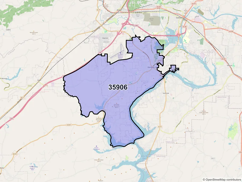 Map of ZIP Code 35906 — Rainbow City, AL