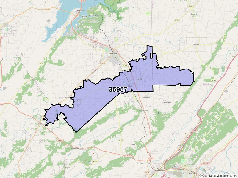 Map of ZIP Code 35957 — Boaz, AL