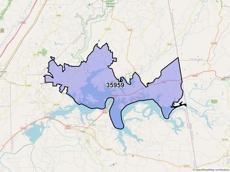 Map of Cedar Bluff, Alabama and ZIP codes