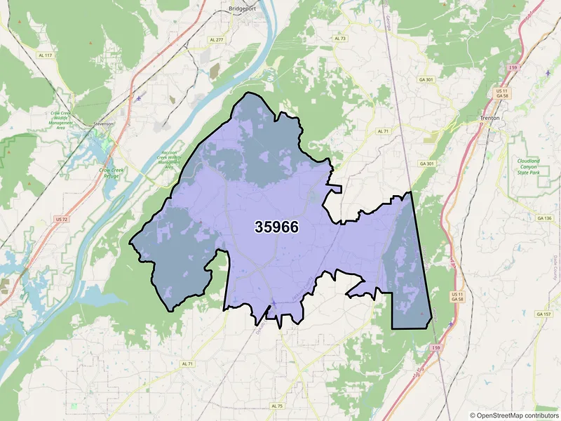 Map of ZIP Code 35966 — Flat Rock, AL