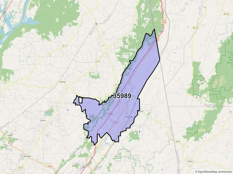 Map of ZIP Code 35989 — Valley Head, AL