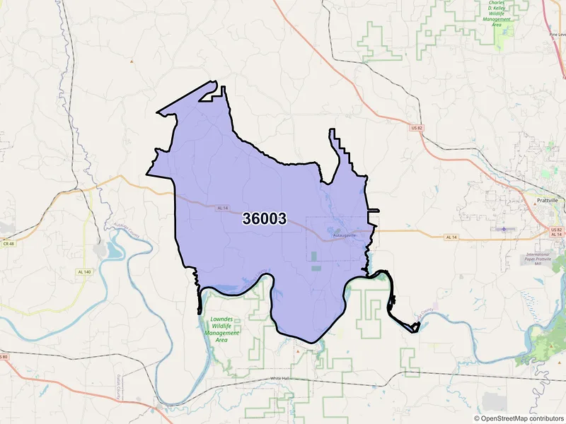 Map of ZIP Code 36003 — Autaugaville, AL