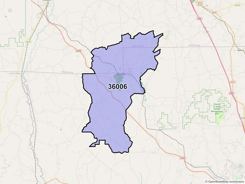 Map of ZIP Code 36006 — Billingsley, AL
