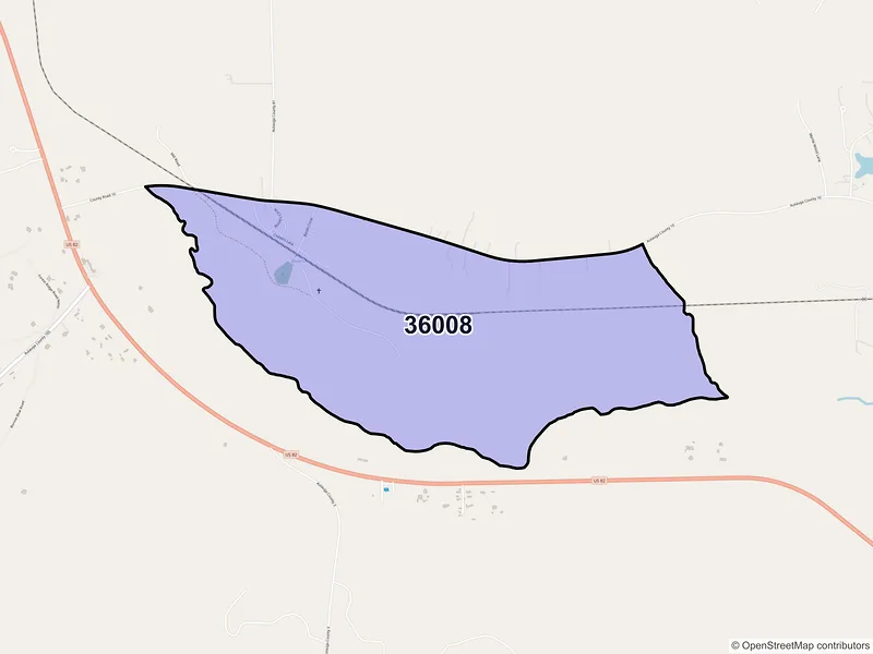 Map of ZIP Code 36008 — Booth, AL
