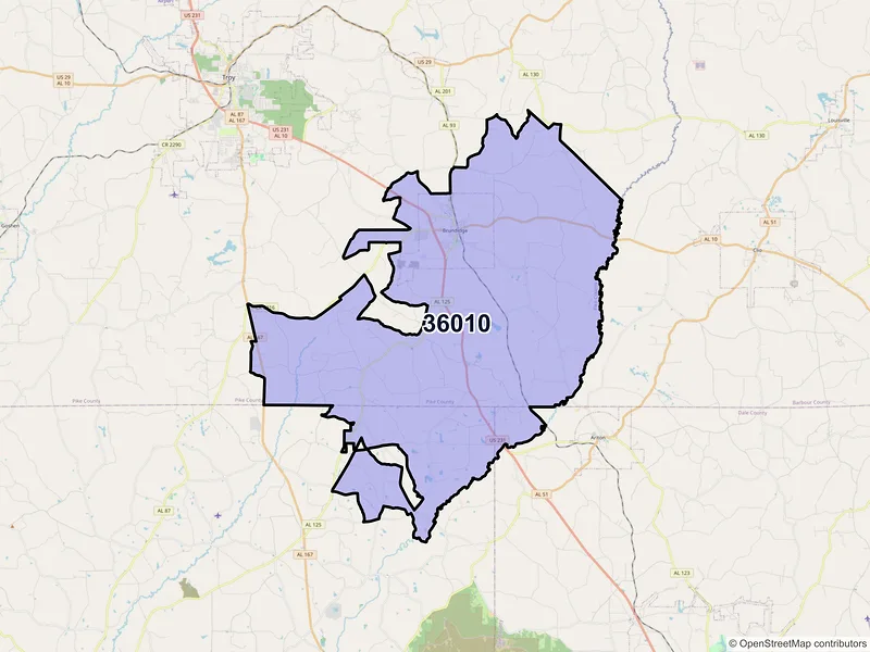 Map of ZIP Code 36010 — Brundidge, AL