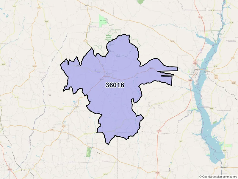 Map of ZIP Code 36016 — Clayton, AL
