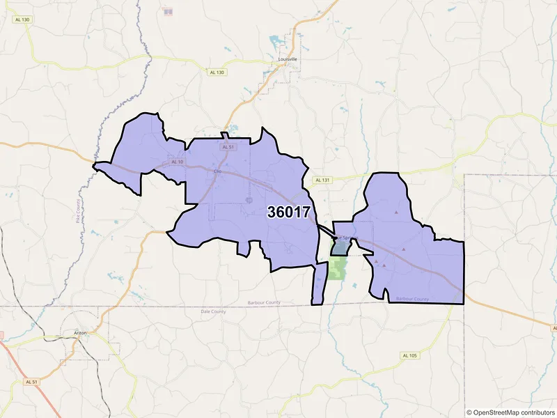 Map of ZIP Code 36017 — Clio, AL