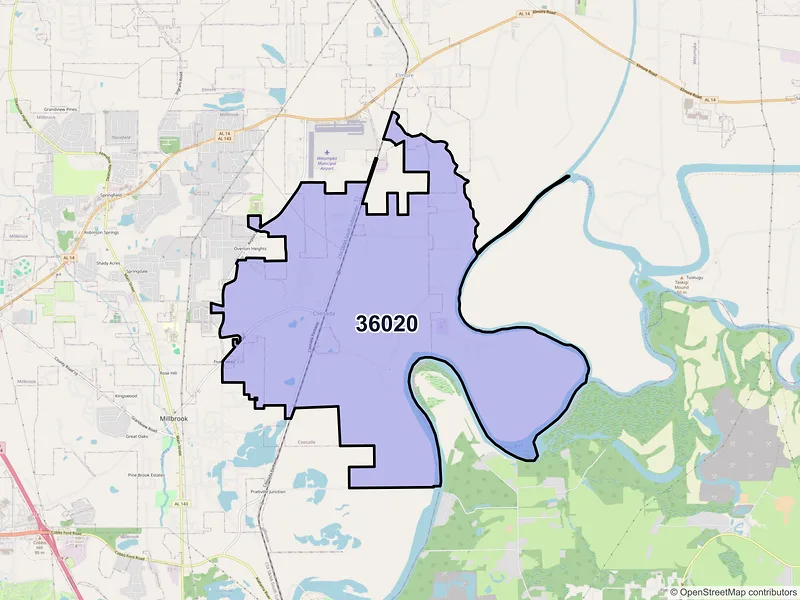 Map of Coosada, Alabama and ZIP codes