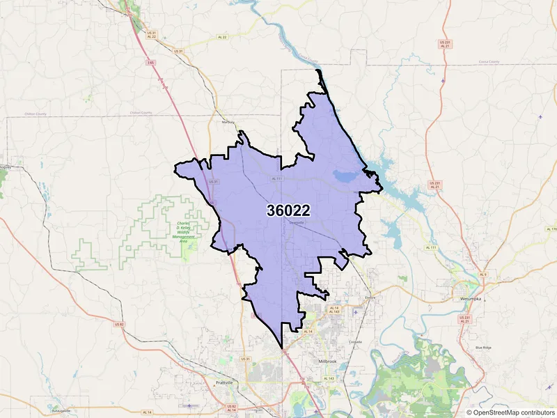 Map of ZIP Code 36022 — Deatsville, AL
