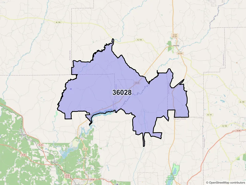 Map of ZIP Code 36028 — Dozier, AL