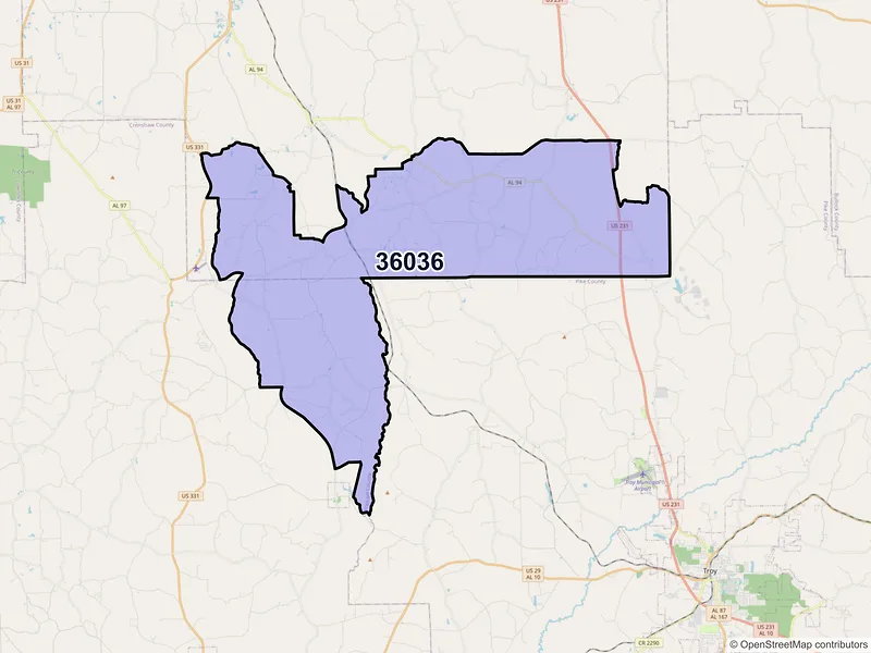 Map of ZIP Code 36036 — Grady, AL