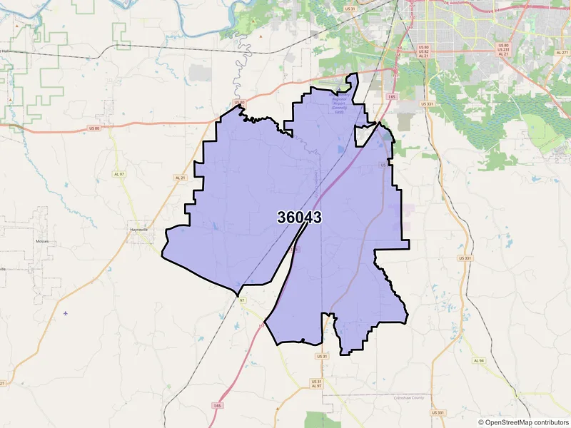 Map of ZIP Code 36043 — Hope Hull, AL