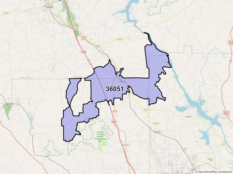 Map of Marbury, Alabama and ZIP codes