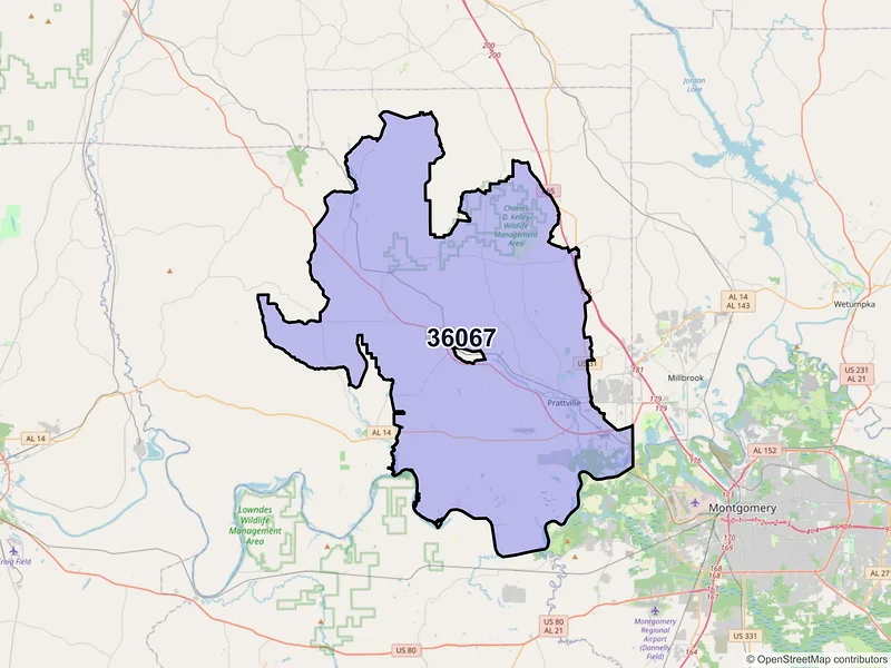 Map of ZIP Code 36067 — Prattville, AL