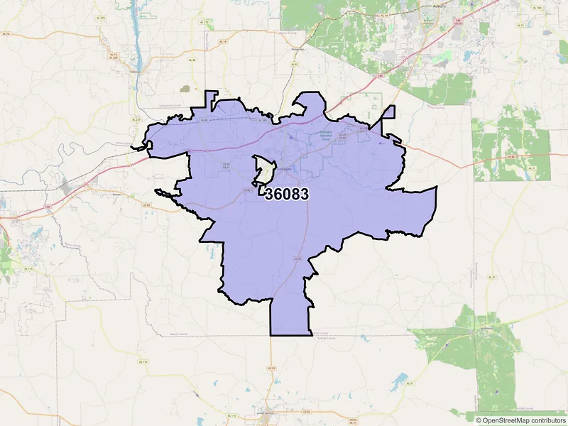 Map of ZIP Code 36083 — Tuskegee, AL