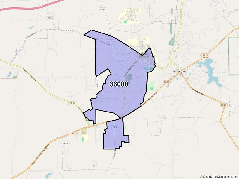 Map of ZIP Code 36088 — Tuskegee Institute, AL