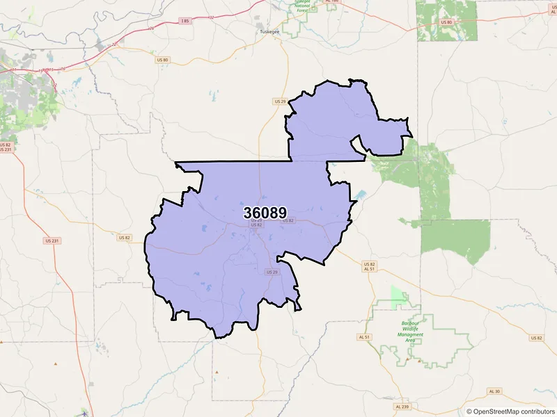 Map of ZIP Code 36089 — Union Springs, AL