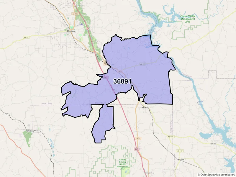 Map of ZIP Code 36091 — Verbena, AL