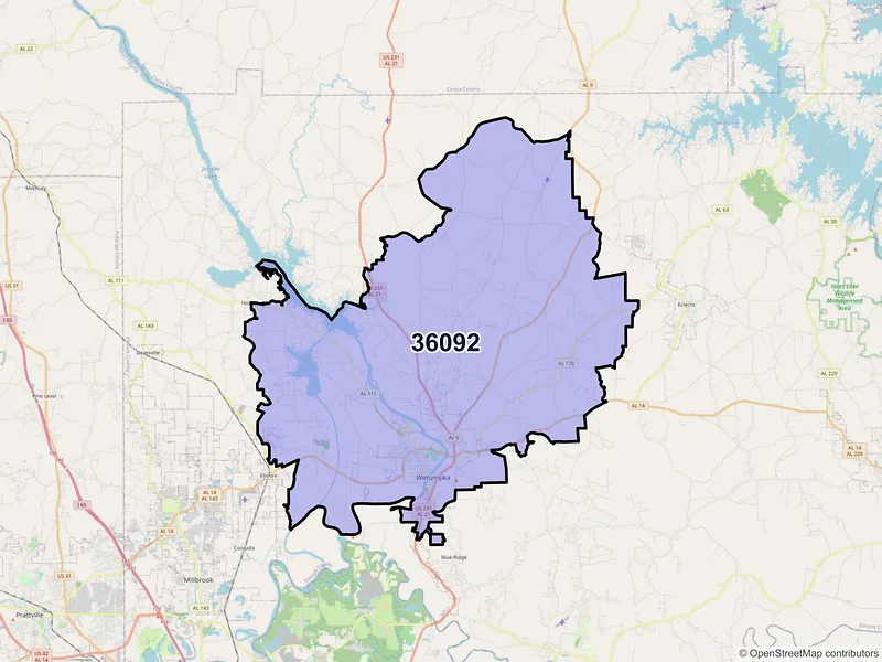 Map of ZIP Code 36092 — Wetumpka, AL