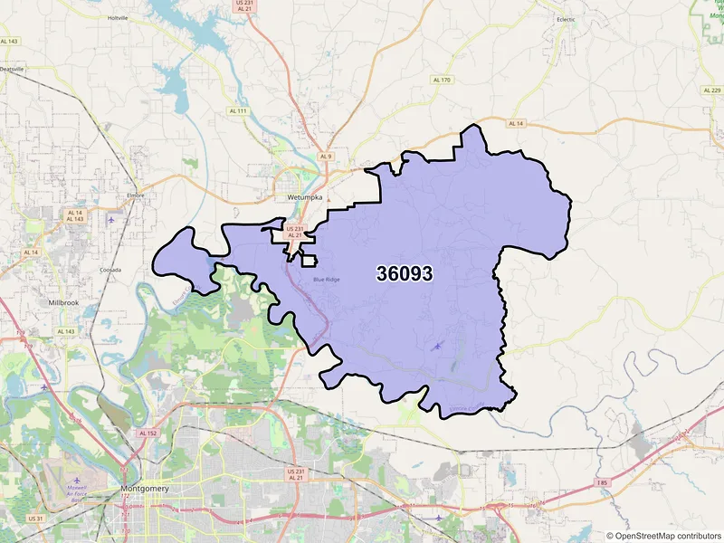 Map of ZIP Code 36093 — Wetumpka, AL