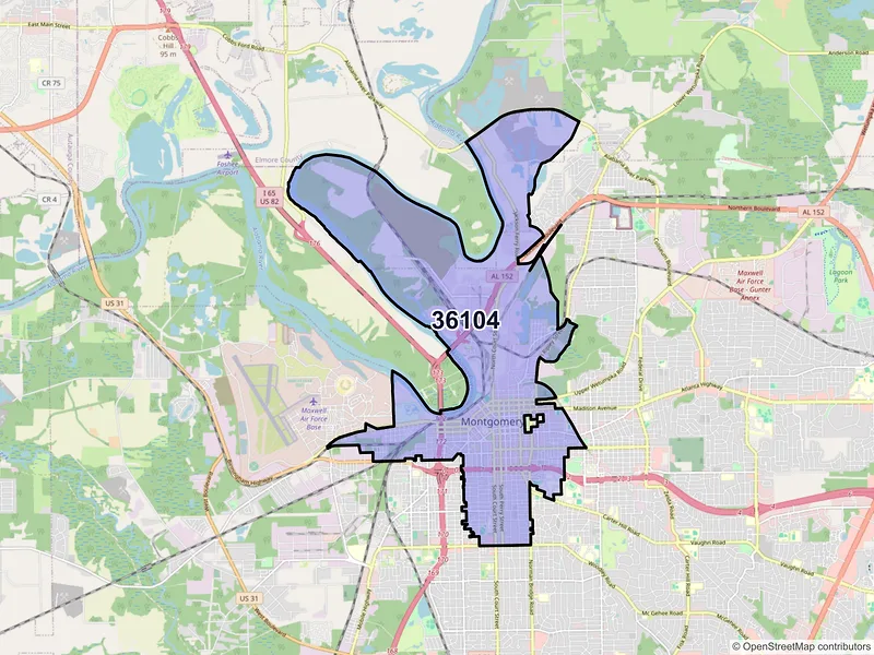 Map of ZIP Code 36104 — Montgomery, AL