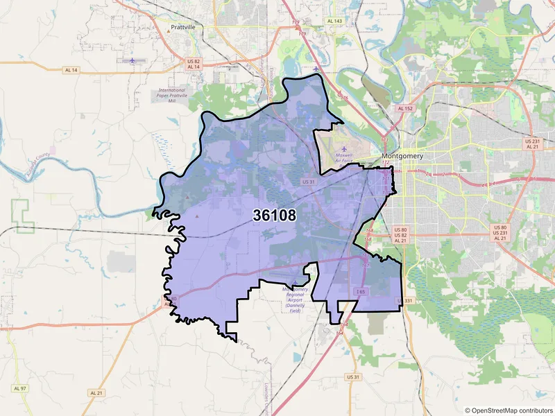Map of ZIP Code 36108 — Montgomery, AL