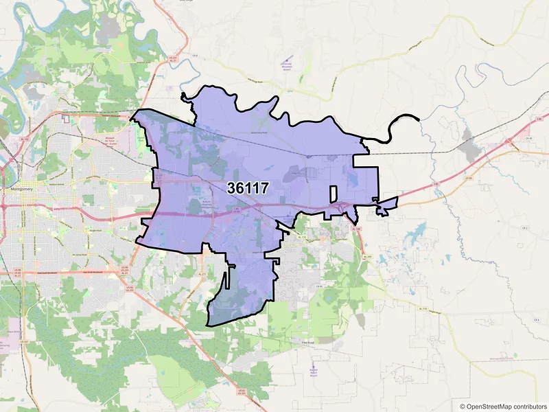 Map of ZIP Code 36117 — Montgomery, AL