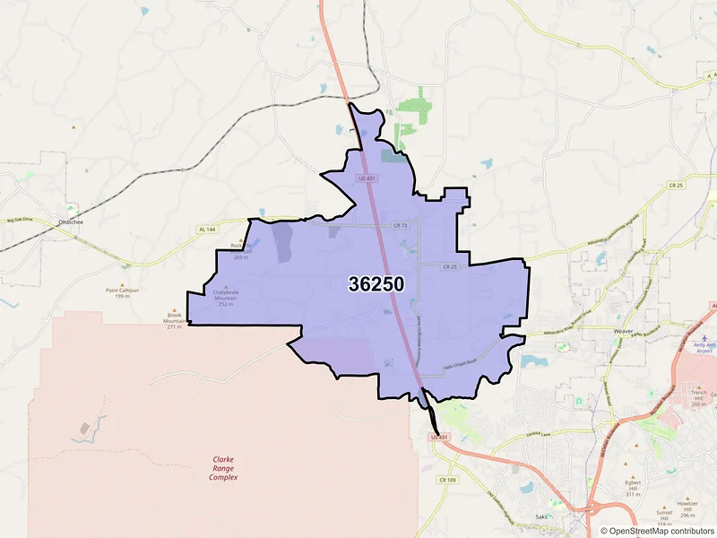 Map of ZIP Code 36250 — Alexandria, AL