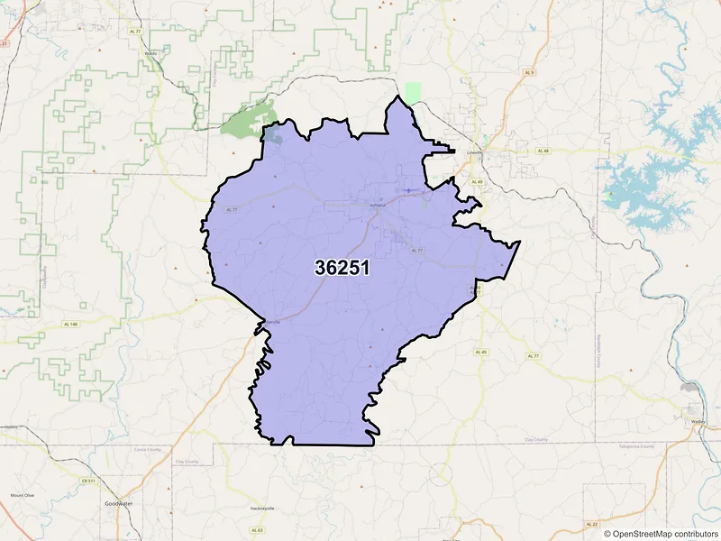 Map of Ashland, Alabama and ZIP codes