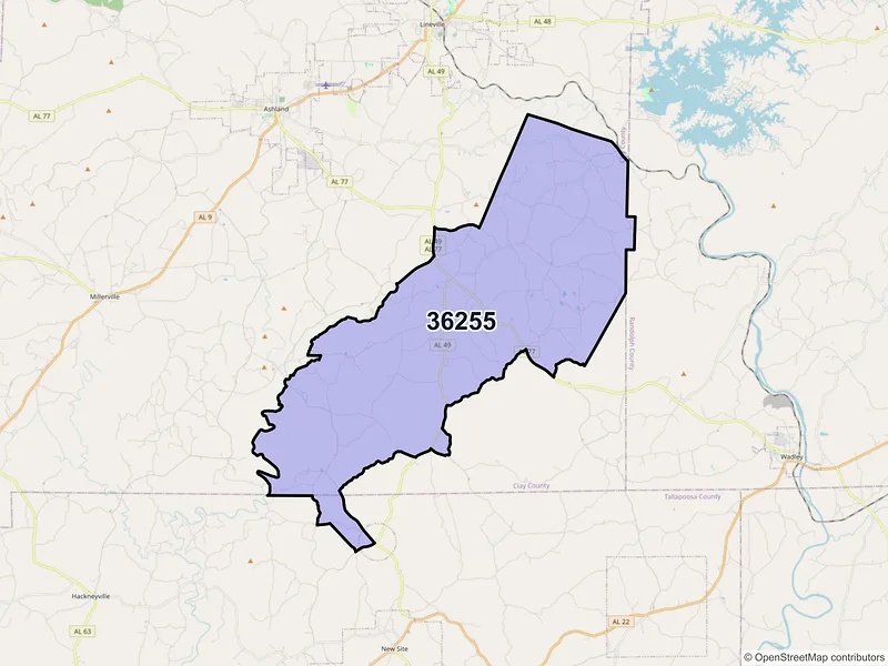 Map of ZIP Code 36255 — Cragford, AL