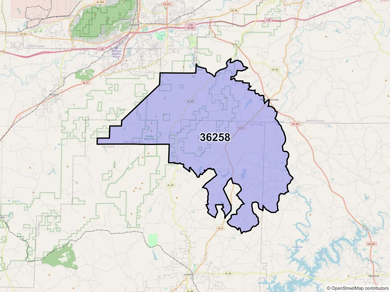 Map of ZIP Code 36258 — Delta, AL