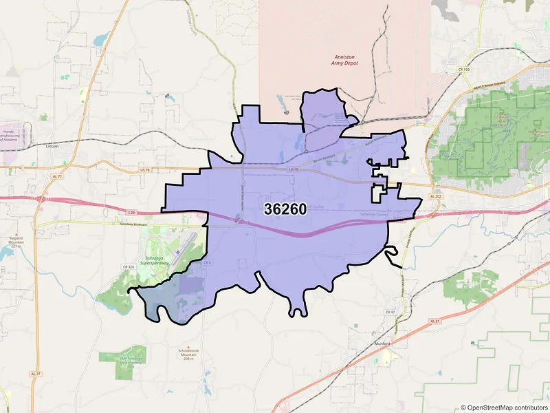 Map of ZIP Code 36260 — Eastaboga, AL