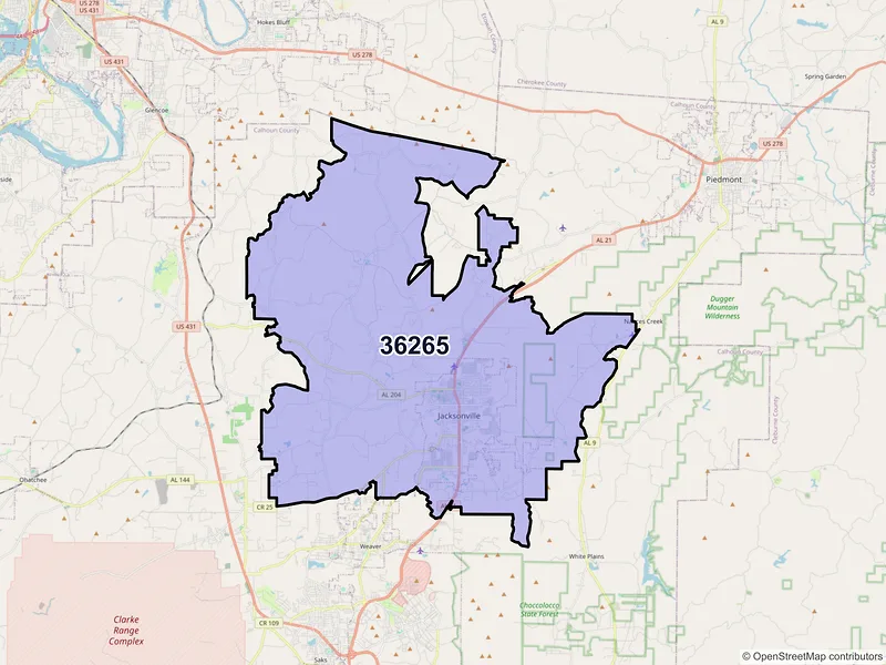 Map of ZIP Code 36265 — Jacksonville, AL