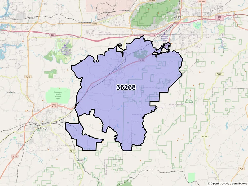 Map of ZIP Code 36268 — Munford, AL