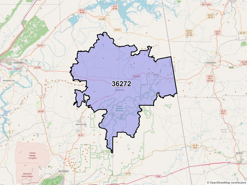 Map of ZIP Code 36272 — Piedmont, AL