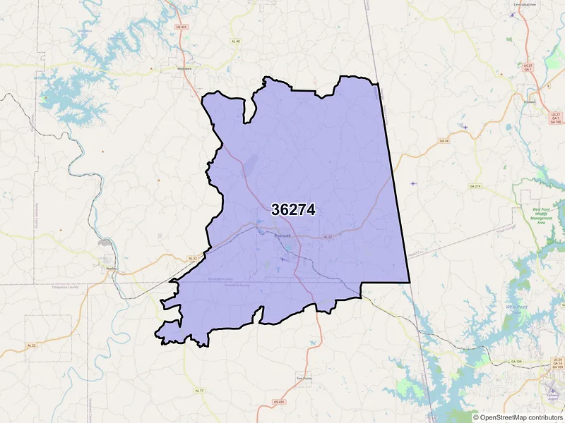 Map of Roanoke, Alabama and ZIP codes