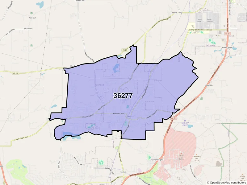 Map of Weaver, Alabama and ZIP codes