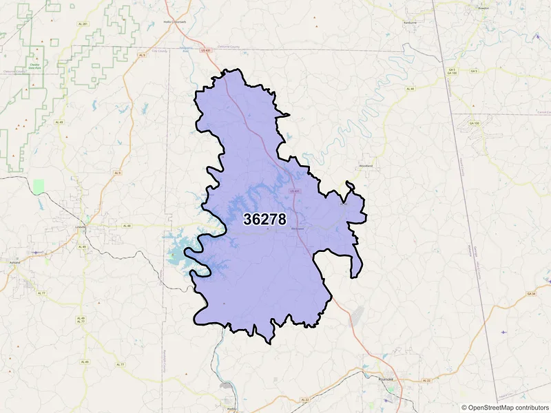 Map of ZIP Code 36278 — Wedowee, AL