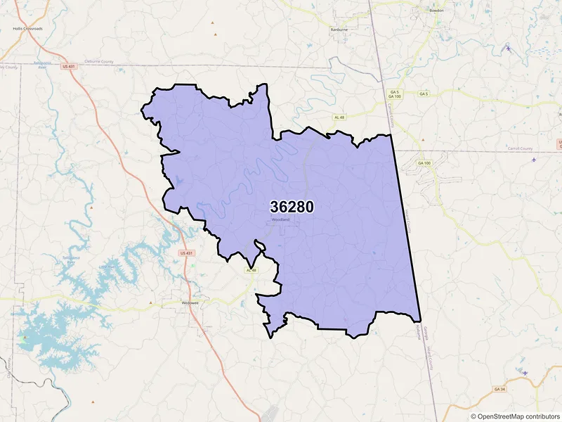 Map of ZIP Code 36280 — Woodland, AL