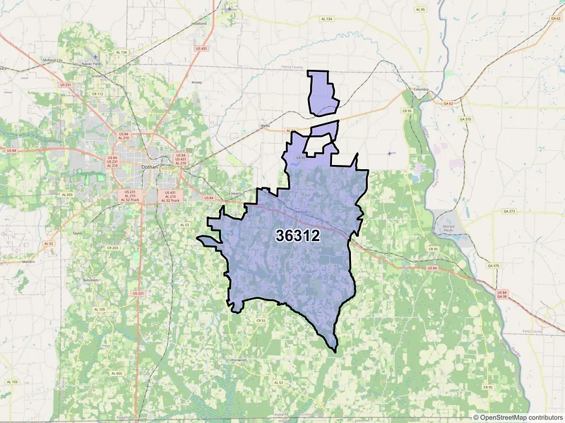 Map of Ashford, Alabama and ZIP codes