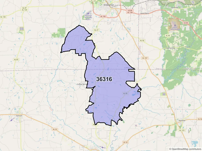 Map of ZIP Code 36316 — Chancellor, AL