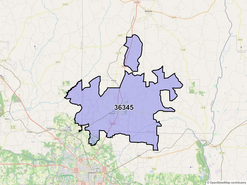Map of ZIP Code 36345 — Headland, AL